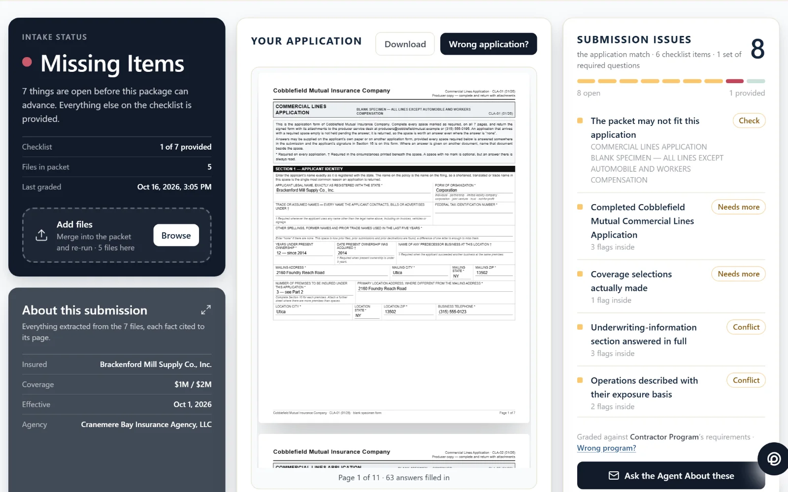 AFI intake for a fictional mill supply dealer: seven missing items, the carrier application filled in from the agent packet, and the submission issues to raise with the agent.