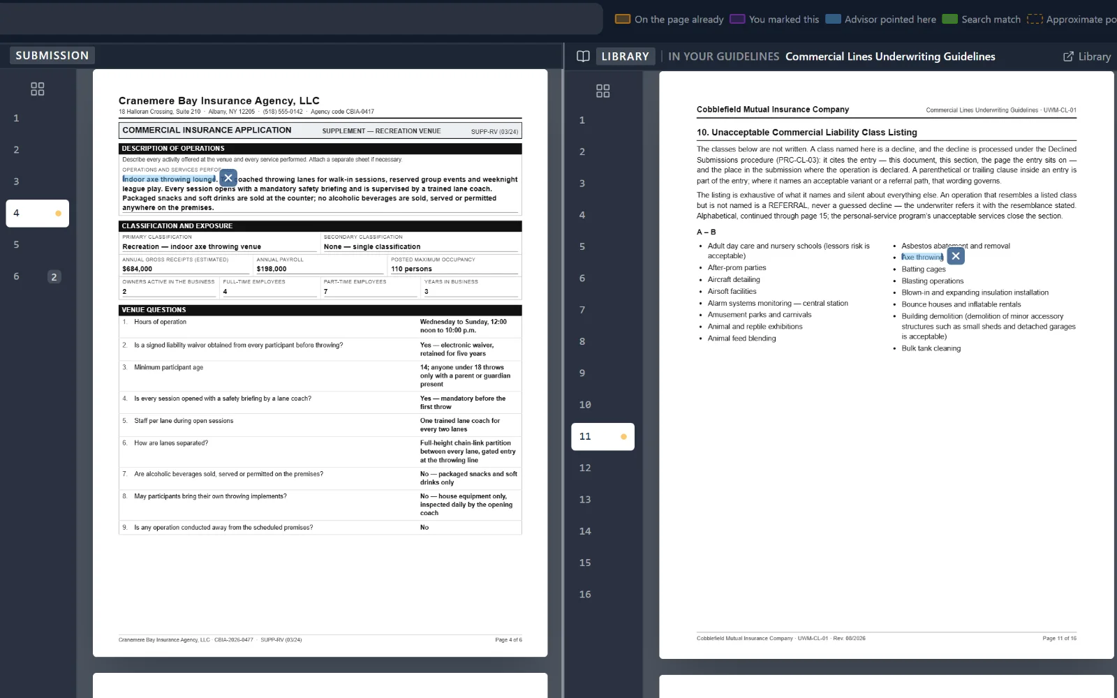 AFI split view: the highlighted line in the agent packet on the left, and the highlighted entry in the carrier guideline it was checked against on the right.